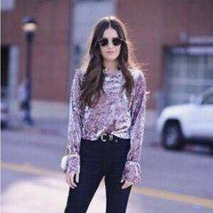 Zara Dusty Rose Bell Sleeve Crushed Velvet Shirt